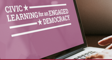 Computer screen showing the words Civic Learning for an Engaged Democracy